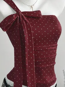 Sweet style polka dot off-shoulder bow women's camisole top, elegant red stretch apparel.