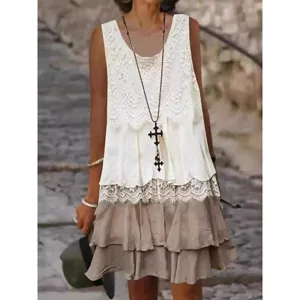 Women lace patchwork sleeveless dress casual summer layered tiered mini dress elegant outfit