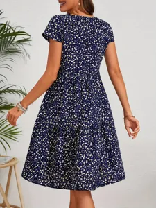 Women floral print short sleeve round neck tiered mini dress casual summer daily wear