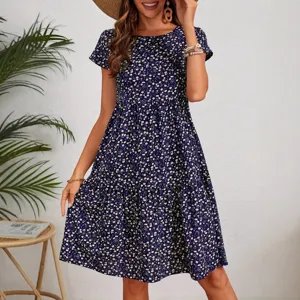 Detailed view of the women's short sleeve floral round neck tiered dress in blue.