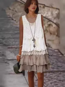 Fashion women's lace patchwork sleeveless dress casual tiered skirt elegant summer wear