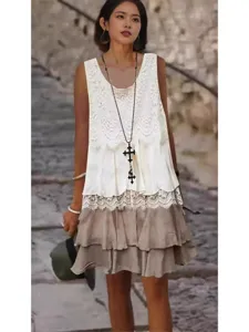 Fashion women's lace patchwork sleeveless dress, elegant summer casual outfit for daily wear.