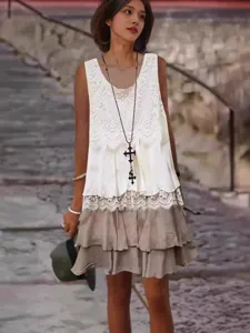 Women fashion lace spliced sleeveless dress casual elegant layered ruffle skirt outfit.