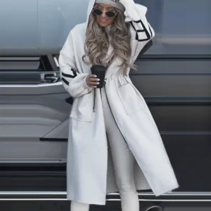 Women Casual Long Hooded Patchwork Coat Fashion Mixed Media Zip Up Outerwear With Pockets Solid Color Stylish Trench Coat