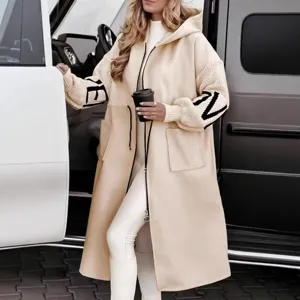 Women Long Hooded Patchwork Coat Autumn Winter Fashion Casual Outerwear Jacket Top