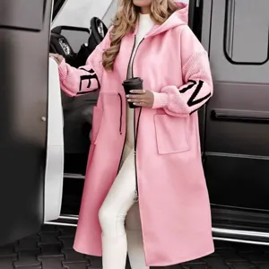 Women casual hooded long patchwork coat pink fashion autumn winter warm outerwear
