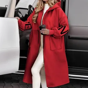 Women casual hooded long spliced coat autumn winter fashion outerwear with stylish knit sleeves