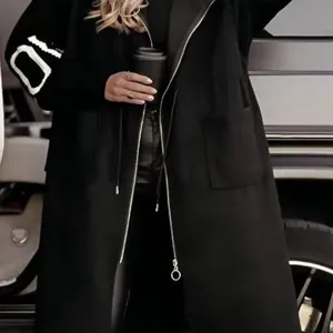Women casual hooded long patchwork coat black jacket with zipper autumn winter fashion outerwear