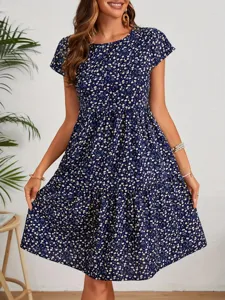 Women short sleeve floral print tiered midi dress casual summer dress navy blue round neck