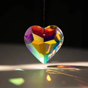 Primer plano detallado del atrapasoles de cristal corazón aurora refractando hermosa luz de arco iris.