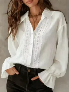 Camicia Casual da Donna in Cotone e Lino Tinta Unita Manica Lunga Collo alla Coreana Monopetto Con Patchwork di Pizzo