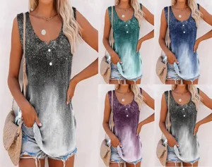 Women Summer Tie Dye Print Tank Top V Neck Sleeveless Casual Loose Gradient Glitter Vest Top Streetwear Daily Fashion Top