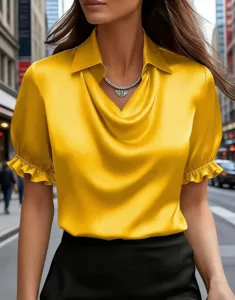 Women's yellow short sleeve cowl neck blouse, elegant satin top with chic ruffles.