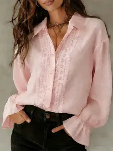 Camicetta rosa a maniche lunghe con pizzo elegante top casual da donna per tutti i giorni.