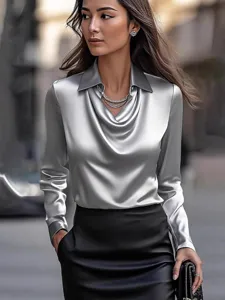 Damen silber Satin Wasserfall Ausschnitt Langarm Bluse, elegante urbane Streetstyle Oberteile