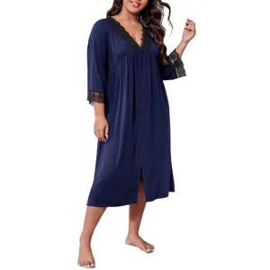 Detailed view of plus size long sleeve nightgown with black lace trim and front slit.