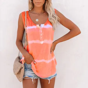 Tie dye casual sleeveless henley tank top for women, perfect for casual summer daily wear.