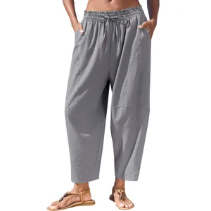 Femme pantalon court decontracté amples taille mi haute cordon poches gris détail