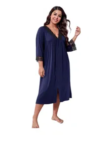 Women's Plus Size V-Neck Nightdress Lace Trim Long Sleeve Loungewear Polyester Sleepwear Loose Solid Color Casual Comfort Nightgown