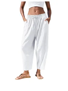 Pantalon pour Femmes Taille Moyenne Décontracté Ample九分裤 Polyester Épissé Cordon de Serrage Sarouel avec Poches Mode Vacances