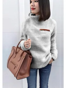 Mujer Otoño Invierno Cálido Cuello Alto Forro Polar Suéter Peludo con Bolsillo Cremallera
