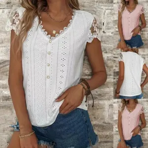 Haut à Manches Courtes En Dentelle Col En V Style Européen Américain Pour Femmes T-Shirt Ample En Polyester Couleur Unie Avec Broderie