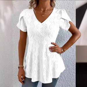 Women's white V-neck short sleeve eyelet embroidery casual top peplum blouse for summer.