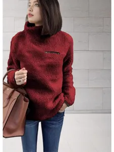 Mujer jersey mullido rojo cuello alto con bolsillo de cremallera, top cálido de invierno