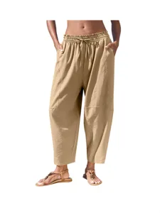 Pantalon decontracte beige en lin pour femme, taille mi-haute avec cordon et poches.