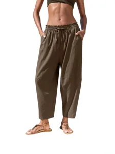 Femme pantalon décontracté ample taille mi-haute cordon poches été vacances tendance