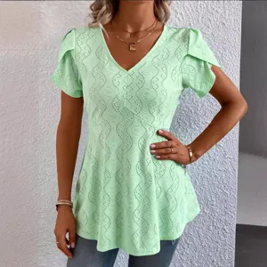 Close-up detail of the light green V-neck ruffle short sleeve casual top for women.