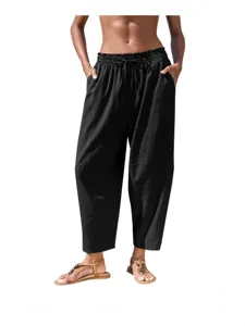 Pantalon court décontracté taille mi-haute cordon poche été mode vacances.