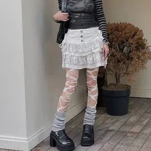 Y2K Sexy Hollow Out Ripped Tights Women Gothic Streetwear Punk Fishnet Pantyhose White