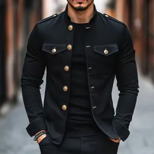 Chaqueta negra casual de ajuste slim para hombre con botones dorados y cuello alto