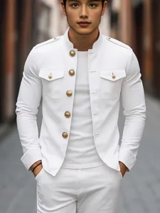 Chaqueta de Estilo Militar de Corte Ajustado para Hombre Poliéster Pesado Tejido Cuello Alto Abrigo Botones de Metal Dorado Charreteras Casual
