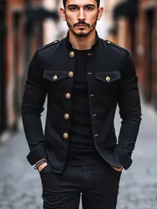 Chaqueta negra casual ajustada para hombre con botones dorados cuello alto elegante abrigo