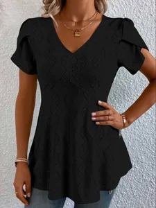 Black V-neck eyelet short sleeve top detail showcasing delicate textured fabric and casual style