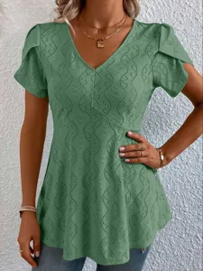 Green V-neck flutter short sleeve casual t-shirt for women daily wear detail view