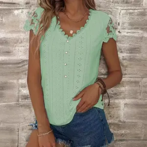 Femme Haut Élégant Col V Manches Courtes Été Unie Dentelle Broderie T-Shirt Casual Top