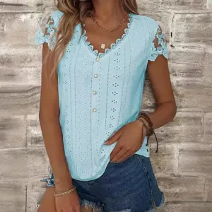 Blouse femme bleu clair col V manches courtes dentelle patchwork t-shirt haut d'été