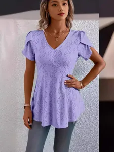 Women summer casual solid color v-neck short sleeve eyelet lace blouse top elegant fashion