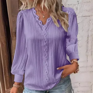Γυναικεία Μακρυμάνικη Μπλούζα V-Neck Plissé Δαντέλα Patchwork Κομψό Top Φθινοπωρινό