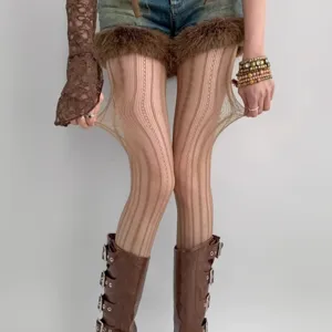 Women's vertical striped hollow tights, sexy breathable stretch pantyhose for summer daily wear.