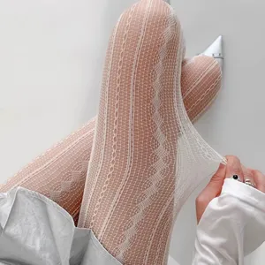 Close-up detail view of women's white lace striped tights, showing great elasticity.