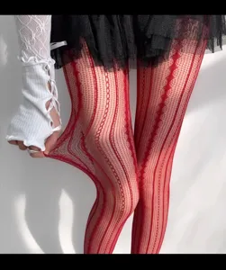 Sexy red fishnet pantyhose with vertical stripes and diamond pattern for women summer wear.