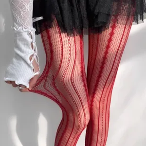 Red fishnet pantyhose for women, hollow out vertical striped tights with high elasticity.