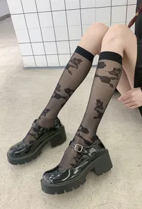 Sheer black mid-calf socks for women, breathable rose print vintage JK stockings detail shot.