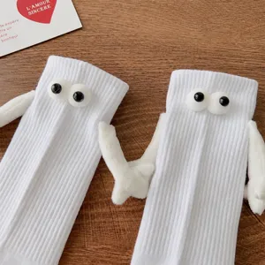Couple Magnetic Hand-Holding Mid-Tube Socks Cute Cartoon Eyes Embroidery Cotton Casual Socks Unisex Daily Wear