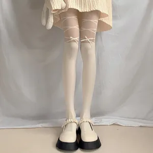 Women Sweet Bowknot Jacquard Pantyhose Thin Sheer Lacing Tights Lolita Style Anti-Hook Stretch Patchwork Hosiery Daily Party Wear