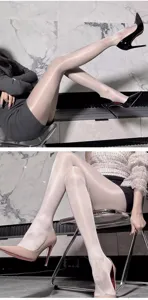 Glossy shiny pantyhose detail view, showing smooth texture and glowing finish for summer wear.